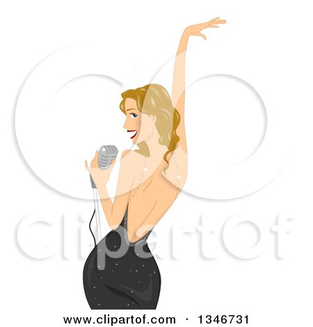 Clipart of a Sexy Dirty Blond Caucasian Female Singer Posing, Looking Back and Holding a Microphone - Royalty Free Vector Illustration by BNP Design Studio
