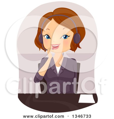 Clipart of a Cartoon Brunette Caucasian Woman Talking on a Headset in an Office - Royalty Free Vector Illustration by BNP Design Studio