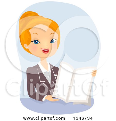 Clipart of a Cartoon Red Haired Caucasian Business Woman or Insurance Angent Giving a Presentation - Royalty Free Vector Illustration by BNP Design Studio
