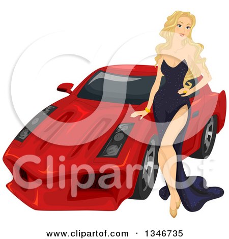 Clipart of a Sexy Blond Caucasian Woman Posing by a Red Sports Car - Royalty Free Vector Illustration by BNP Design Studio