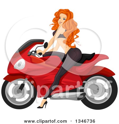 Clipart of a Sexy Red Haired Caucasian Woman Riding a Motorcycle - Royalty Free Vector Illustration by BNP Design Studio