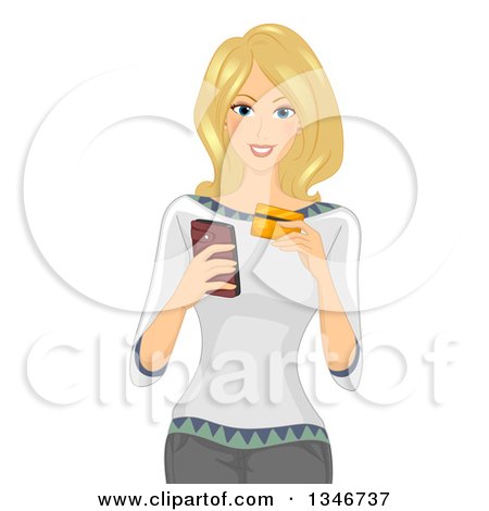 Clipart of a Blond Caucasian Woman Using a Credit Card to Purchase Something on Her Cell Phone - Royalty Free Vector Illustration by BNP Design Studio