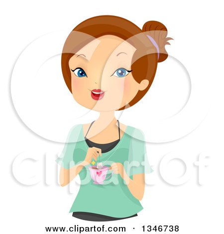 Clipart of a Cartoon Brunette Caucasian Woman Steeping a Bag of Tea in a Cup - Royalty Free Vector Illustration by BNP Design Studio