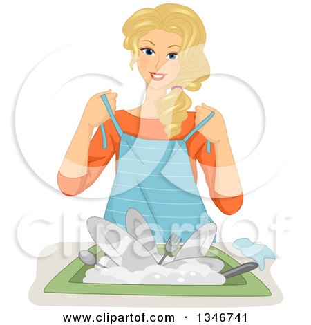 Clipart of a Happy Blond Caucasian Woman Putting on an Apron to Do Dishes - Royalty Free Vector Illustration by BNP Design Studio