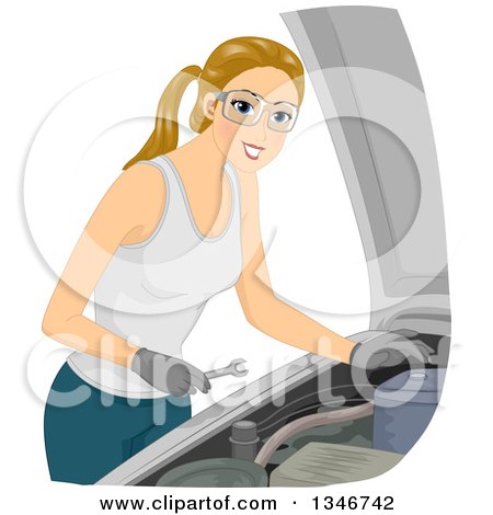 Clipart of a Happy Dirty Blond Caucasian Woman Working on a Car Engine - Royalty Free Vector Illustration by BNP Design Studio