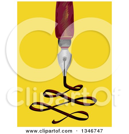 Clipart of a Fountain Pen Creating a Swirl on Yellow - Royalty Free Vector Illustration by BNP Design Studio