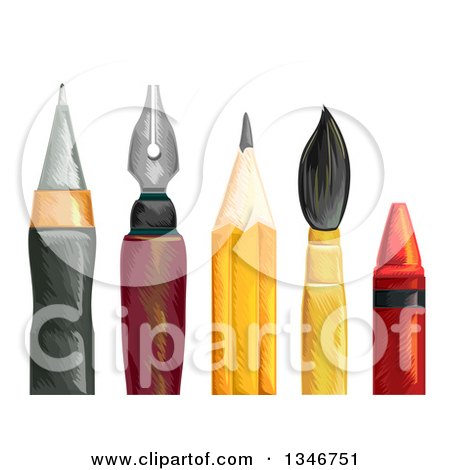 Clipart of Ball Point and Fountain Pens, Pencil, Paintbrush and Crayon - Royalty Free Vector Illustration by BNP Design Studio