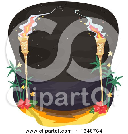 Clipart of Lit Tiki Torches by a Path with a View of a Beach at Night - Royalty Free Vector Illustration by BNP Design Studio