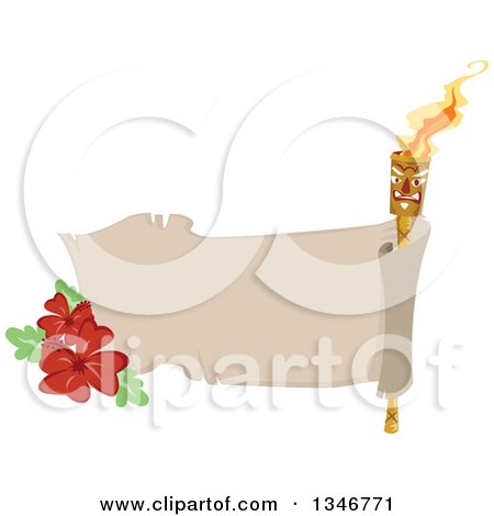 Clipart of a Blank Parchment Banner with a Tiki Torch and Hibiscus Flowers - Royalty Free Vector Illustration by BNP Design Studio