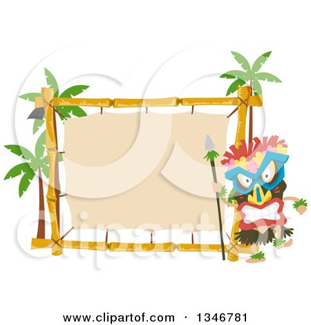 Clipart of a Tribal Tiki Dancer Wearing a Mask by a Bamboo Sign and Palm Trees - Royalty Free Vector Illustration by BNP Design Studio
