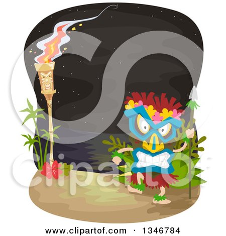 Clipart of a Tribal Dancer Wearing a Mask by a Lit Tiki Torch and Beach at Night - Royalty Free Vector Illustration by BNP Design Studio