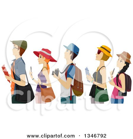 Clipart of a Group of Young Tourists Waiting in a Line - Royalty Free Vector Illustration by BNP Design Studio