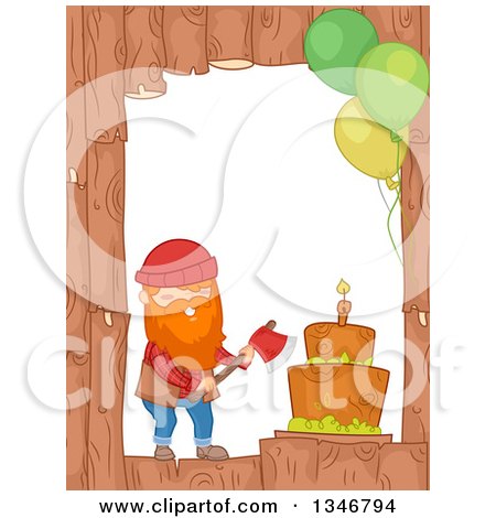 Clipart of a Wood Border with a Birthday Cake, Party Balloons and Lumberjack - Royalty Free Vector Illustration by BNP Design Studio