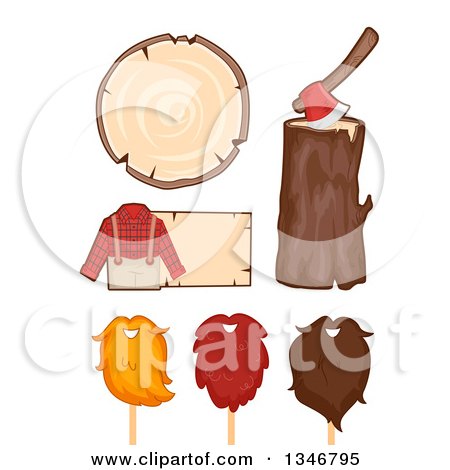 Clipart of a Lumberjack Outfit and Sign, Wood, Axe and Beards - Royalty Free Vector Illustration by BNP Design Studio
