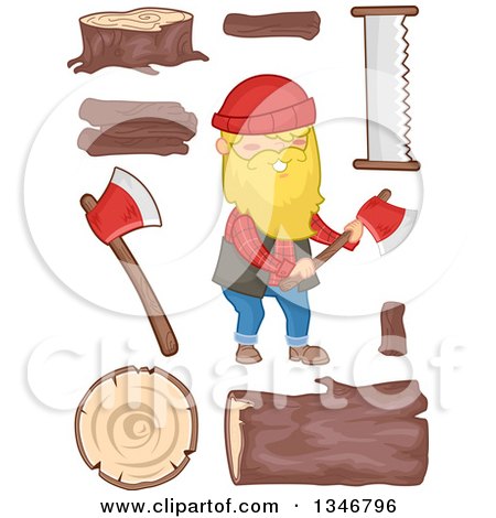 Clipart of a Cartoon Happy Blond Caucasian Male Lumberjack Holding an Axe, with Logs and Accessories - Royalty Free Vector Illustration by BNP Design Studio