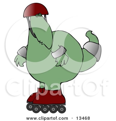 Big Green Dino in a Helmet and Pads, Rollerblading Clipart Illustration by djart