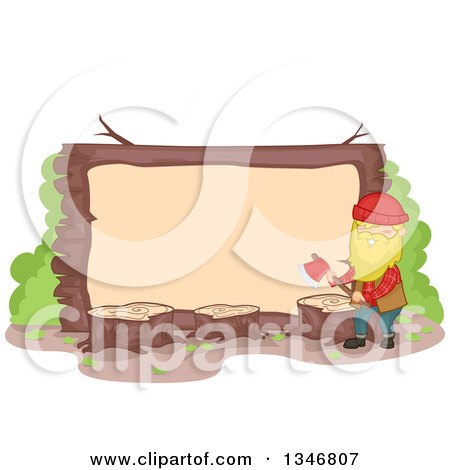 Clipart of a Cartoon Happy Blond Caucasian Male Lumberjack Holding an Axe by a Blank Sign with Tree Stumps - Royalty Free Vector Illustration by BNP Design Studio