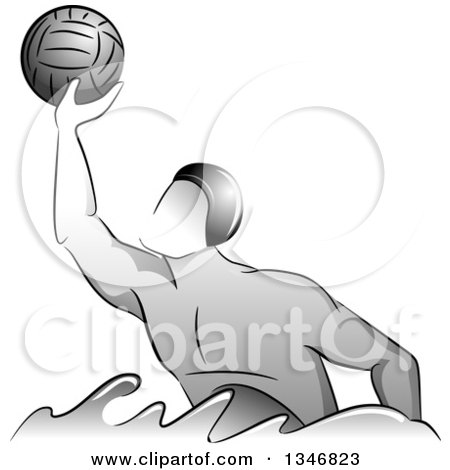 Clipart of a Grayscale Water Polo Player Man Catching a Ball - Royalty Free Vector Illustration by BNP Design Studio
