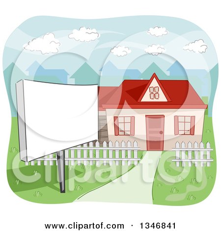Clipart of a Blank Sign in the Yard of a Home for Sale - Royalty Free Vector Illustration by BNP Design Studio