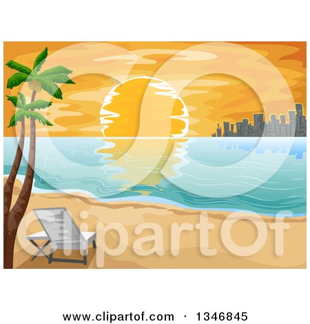 Clipart of a Setting Sun with a City Skyline and Palm Trees on a Tropical Beach - Royalty Free Vector Illustration by BNP Design Studio