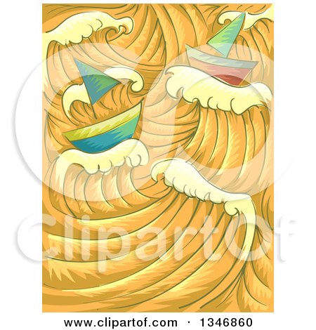 Clipart of a Golden Ocean with Giant Waves and Sail Boats - Royalty Free Vector Illustration by BNP Design Studio