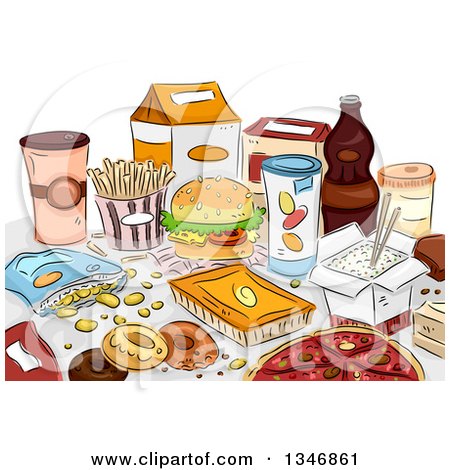 Clipart of Sketched Junk Foods on a Table - Royalty Free Vector Illustration by BNP Design Studio