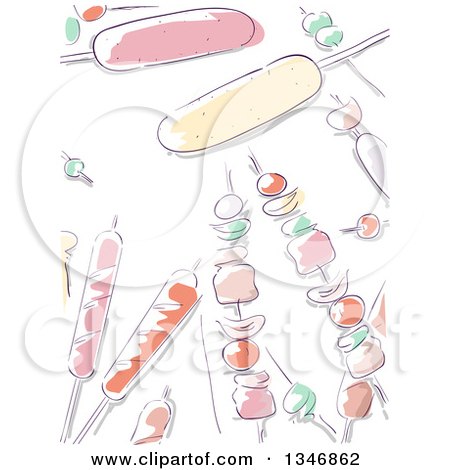 Clipart of Sketched Hot Dogs and Kebab Skewers - Royalty Free Vector Illustration by BNP Design Studio