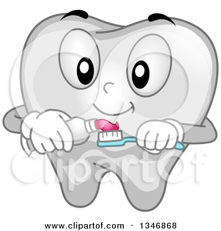 Clipart of a Cartoon Tooth Mascot Putting Paste on a Toothbrush - Royalty Free Vector Illustration by BNP Design Studio