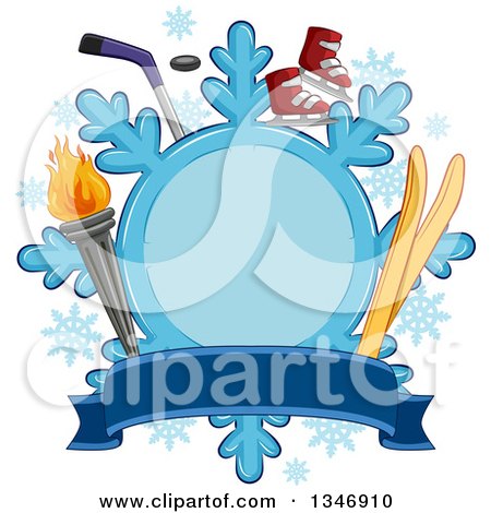 Clipart of a Snowflake Label with a Torch, Skis, Ice Skates and Hockey Stick with a Banner - Royalty Free Vector Illustration by BNP Design Studio