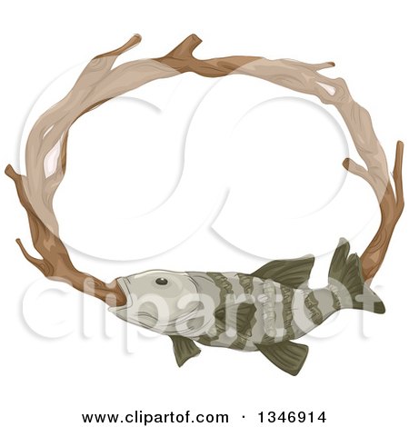 Clipart of a Stuffed Fish Mounted in a Wood Oval Frame - Royalty Free Vector Illustration by BNP Design Studio