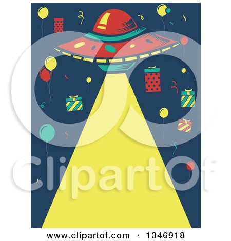 Clipart of a Birthday Party Ufo Shining a Light Down, with Balloons and Gifts - Royalty Free Vector Illustration by BNP Design Studio