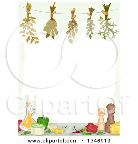 Clipart of a Border of Hanging Herbs over Condiments and Vegetables - Royalty Free Vector Illustration by BNP Design Studio