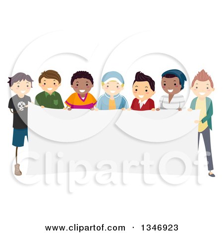 Clipart of a Group of Teenage Boys Holding a Blank Sign Banner - Royalty Free Vector Illustration by BNP Design Studio