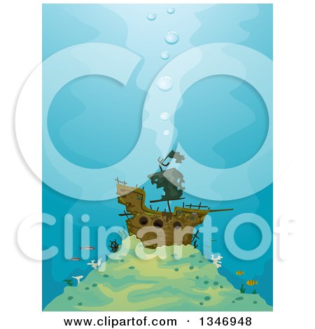 Clipart of a Sunken Pirate Ship and Fish - Royalty Free Vector Illustration by BNP Design Studio
