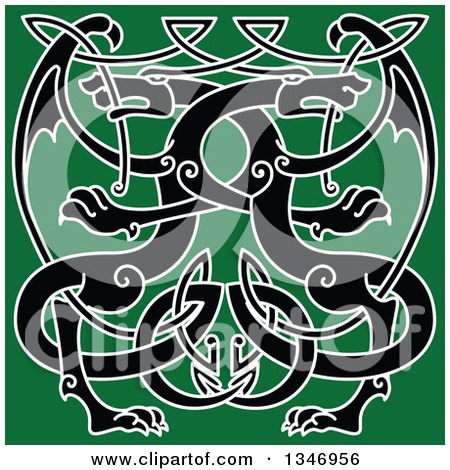 Clipart of Black Celtic Knot Dragons on Green 2 - Royalty Free Vector Illustration by Vector Tradition SM