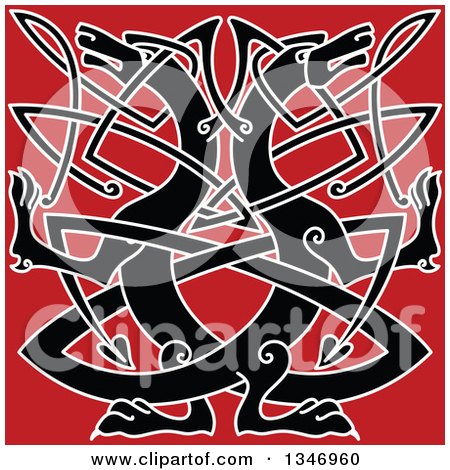Clipart of a Black Celtic Wild Dog Knot on Red - Royalty Free Vector Illustration by Vector Tradition SM