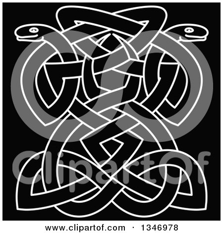 Clipart of White Outlined Celtic Knot Snakes on Black 2 - Royalty Free Vector Illustration by Vector Tradition SM