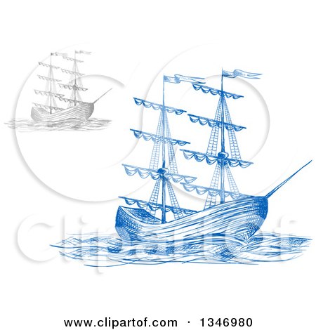 Clipart of Sketched Blue and Gray Sailing Tall Ships - Royalty Free Vector Illustration by Vector Tradition SM