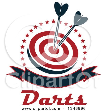 Clipart of Navy Blue Darts in the Bullseye of a Red and White Target, Within a Circle of Stars with a Blank Banner and Text - Royalty Free Vector Illustration by Vector Tradition SM