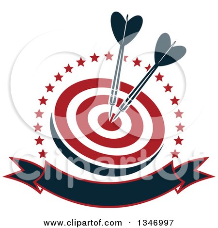 Clipart of Navy Blue Darts in the Bullseye of a Red and White Target, Within a Circle of Stars with a Blank Banner - Royalty Free Vector Illustration by Vector Tradition SM