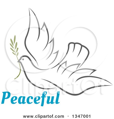 Clipart of a Sketched Gray Flying Peace Dove with a Branch and Text - Royalty Free Vector Illustration by Vector Tradition SM