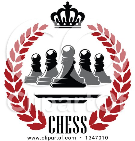 Clipart of a Black and Red Chess Pawn, Crown and Text Wreath - Royalty Free Vector Illustration by Vector Tradition SM
