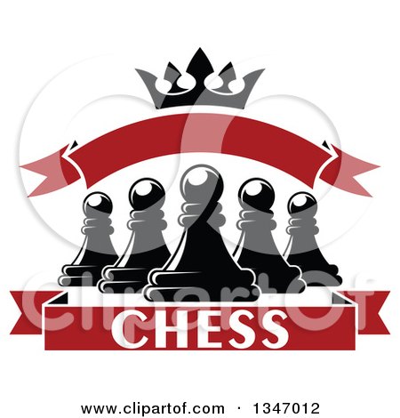 Clipart of Black and White Chess Pawns, Crown and Red Banners - Royalty Free Vector Illustration by Vector Tradition SM