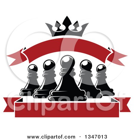 Clipart of Black and White Chess Pawns, Crown and Blank Red Banners - Royalty Free Vector Illustration by Vector Tradition SM