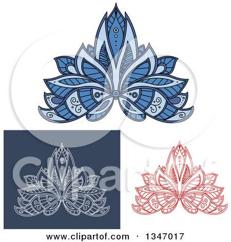 Clipart of Beautiful Ornate Red, White on Blue and Blue Henna Lotus Flowers - Royalty Free Vector Illustration by Vector Tradition SM