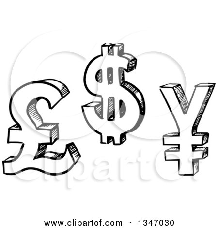 Clipart of Black and White Sketched Pound, Dollar and Yen Currency Symbols - Royalty Free Vector Illustration by Vector Tradition SM