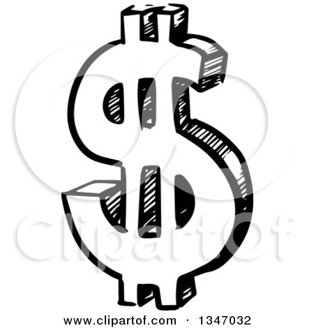 Clipart of a Black and White Sketched Dollar Currency Symbol - Royalty Free Vector Illustration by Vector Tradition SM