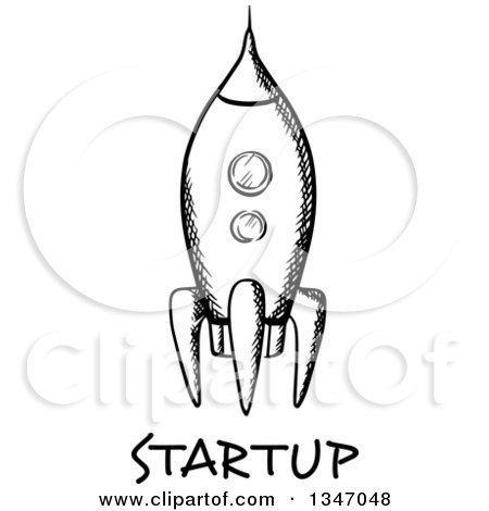 Clipart of a Black and White Sketched Rocket over Start up Text - Royalty Free Vector Illustration by Vector Tradition SM