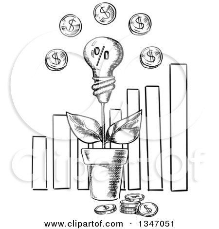 Clipart of a Black and White Sketched Light Bulb Investment Plant with Coins over a Bar Graph - Royalty Free Vector Illustration by Vector Tradition SM
