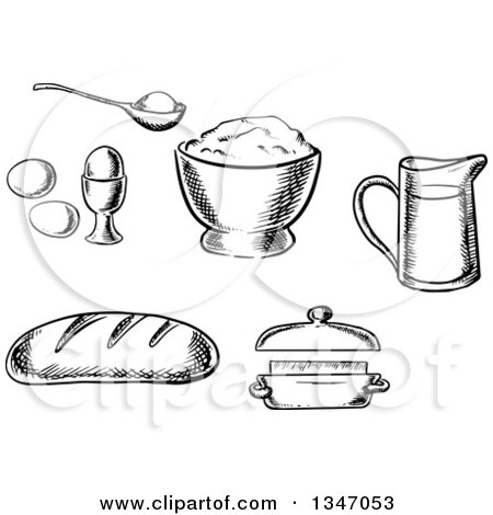 Clipart of a Black and White Sketched Loaf of Bread, Eggs, Butter, Flour and a Measuring Cup - Royalty Free Vector Illustration by Vector Tradition SM